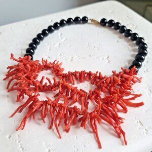 14k gold real red coral fringe branch beaded black coral necklace, brutalist